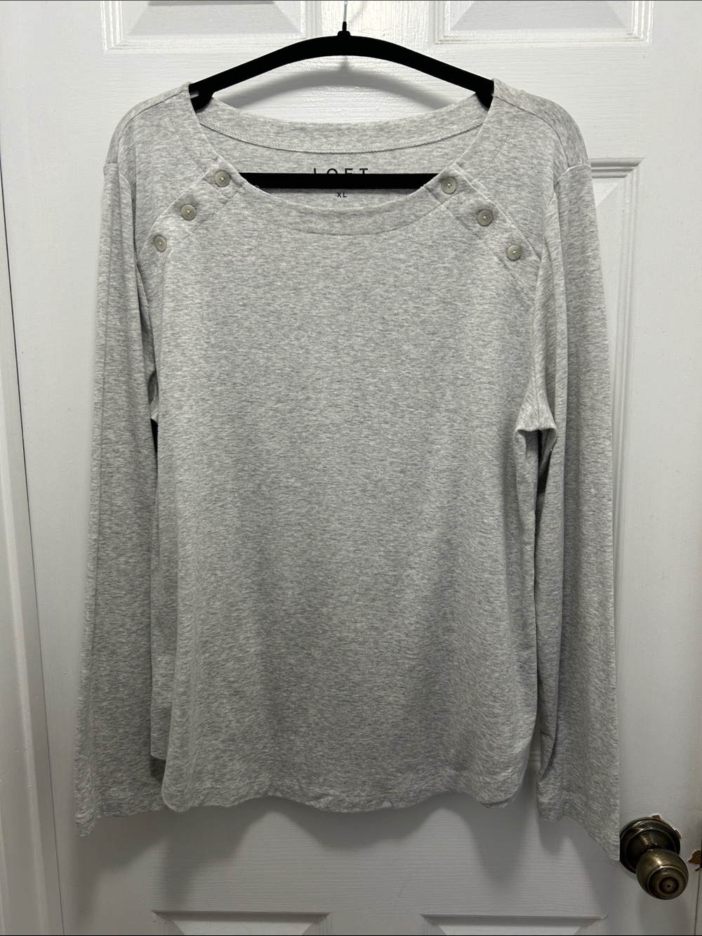 LOFT Heather Gray Button-Shoulder Long Sleeve Tee